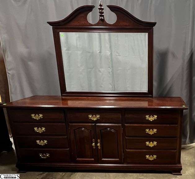 Queen Anne Style 12 Drawer Dresser and Mirror - 72" x 19.5" x 33" - 79" T with mirror image