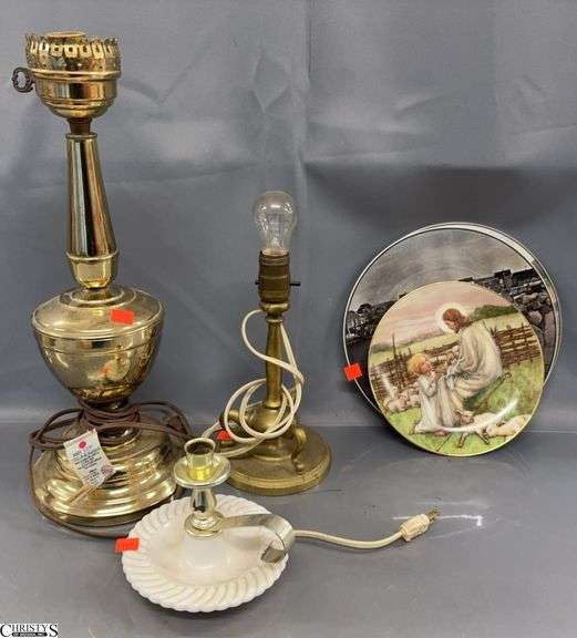 2 Table Lamps, Chamber Stick, 3 Decorative Plates - 18" of tallest image