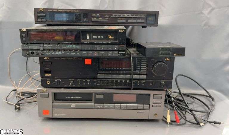 JVC Cassette Recorder, Tuner, 6 Disc CD Player, Amplifier - 17" x 12" x 4.5" of amplifier - each shows wear, would benefit from cleaning image