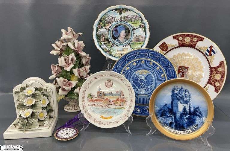 Assorted Collector Plates, Coronation Anniversary Cup, Italian Ceramic Floral Bookend and Topiary - some chipping - 12" of tallest image