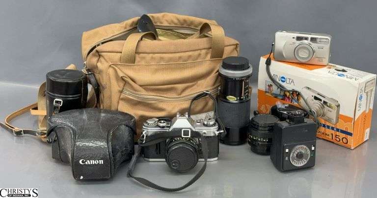 Minolta and Canon Film Cameras, Kiron and Canon Lenses, Empty Camera and Lens Cases image