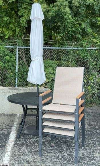 7pc Outdoor Patio Set - Includes 48" Round Aluminum Table, Patio Umbrella, 4 Chairs, Umbrella Stand - 48" x 28" of table - some scuffing/wear from use, 1 chair back is loose image