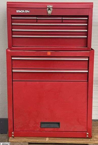 Stack On Red Metal Tool Chest and Contents on 4 Wheel Dolly - 24" x 13" x 39" of tool chest