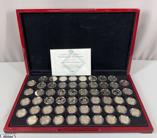 Complete Set of 1999-2009 Proof State Quarters in a Wood Display Box with Certificate of Authenticity.  This includes 56 total quarters. image