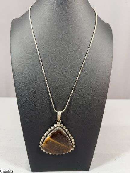 Tiger Eye Pendant Necklace with Chain.  Tag Marked German Silver image