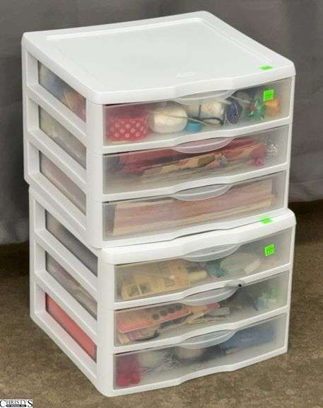 2 Three Drawer Plastic Storage Organizers w/ Gift Wrapping Supplies, Craft/Sewing Supplies, Fishing Line, Misc - 14" x 13.5" x 11" of each organizer image