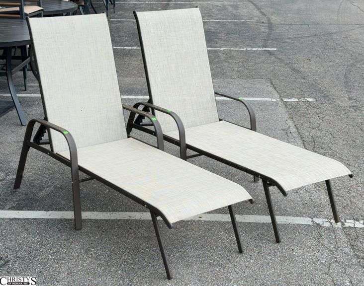 2 Adjustable Patio Outdoor Loungers - 24" W x 66" L x 40" as sits, some scuffing/wear from use image