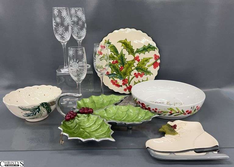 Holiday/Christmas Theme Serveware - Champagne Flutes, Serving Bowls, Trays, Plate - 11" D image