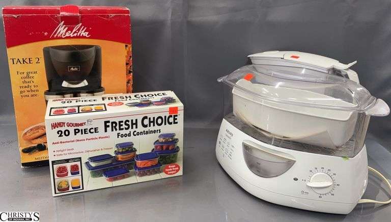 Melitta Coffee Maker, Brita Water Filter Pitcher, Krups Opisteam, Food Storage Containers - Shows wear from use image