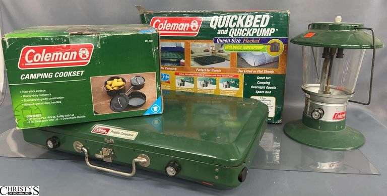Coleman Propane Stove and Lantern, Coleman Quickbed and Camping Cookset image