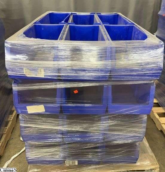 Wooden Pallet of Blue Reach In Organizers Each One Measures 11x23x10" Tall Pallet included image
