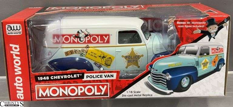 Auto World 1948 Chevrolet Monopoly Police Van 1:18 Scale Diecast Replica with Bonus Mr. Monopoly Resin Figure image