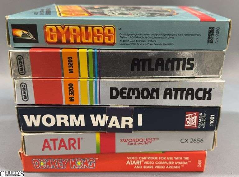 6 Atari Game Cartridge Lot - Gyruss, Atlantis, Demon Attack, Worm War, Swordquest, Donkey Kong image