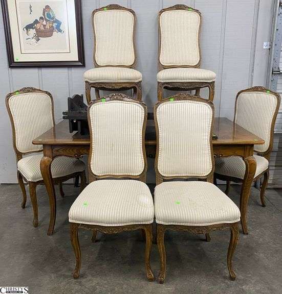 French Provincial Style Dining Table, 6 Chairs, 3 Leaves - 65" x 42" x 30" of table - Chair show staining and wear