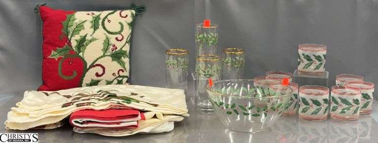 Mistletoe Christmas Theme Glasses, Serving Bowl, Placemats, Napkins, Pillow - 9" D of bowl image