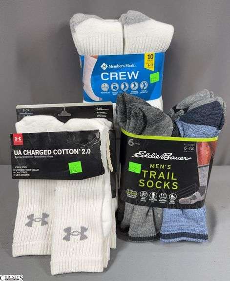 Men's Socks:  Eddie Bauer Men's Trail Socks 6-Pack Size 6-12, Member's Mark White Crew Socks 10-Pack Shoe Size 6-12 and Under Armour UA Charged Cotton 2.0 White Crew Socks 5 Pairs Size Men's 8-12 image