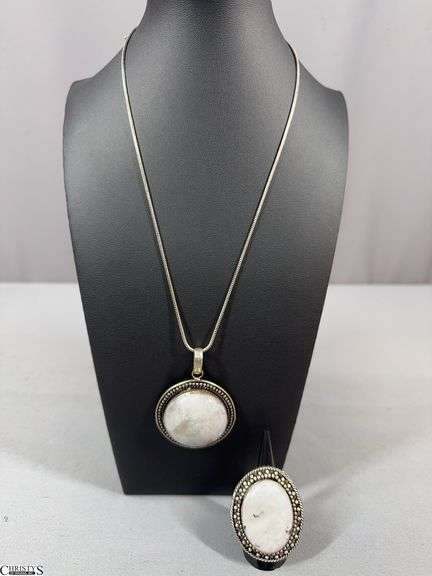 Rainbow Moon Stone Pendant Necklace and Matching Ring.  Tags Marked German Silver image