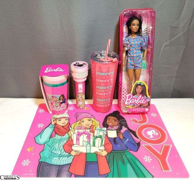 Barbie Lot: Placemat, Cups, Flashlight, Merry Tumbler, and Barbie