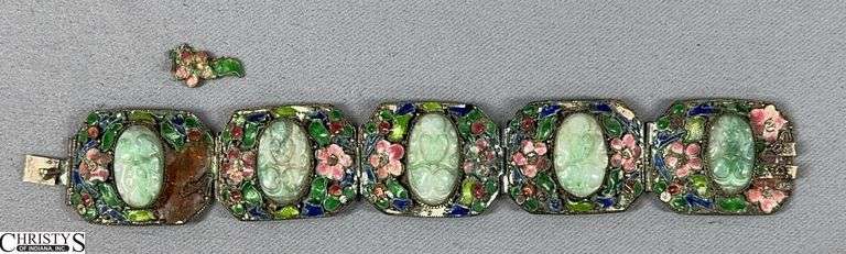 Vintage Chinese Silver Filigree Bracelet with Carved Jadite and Enamel Details image