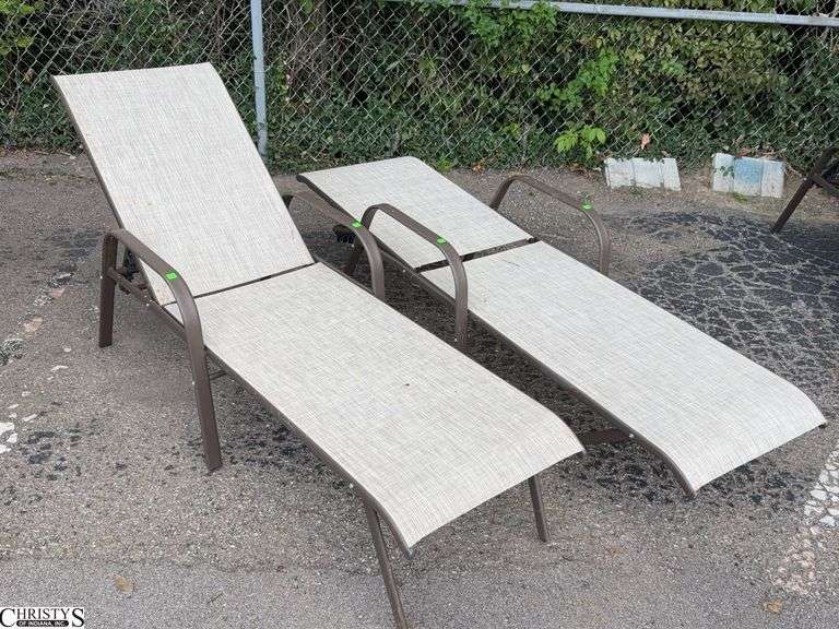 2 Adjustable Patio Outdoor Loungers - 24" W x 66" L x 40" as sits, some scuffing/wear from use image