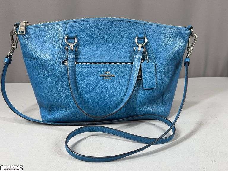 Coach Prairie Satchel Purse with Blue Pebbled Leather and Silver Attachments.  Used but Good Condition image