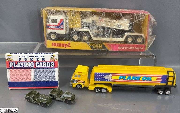 Buddy L Nasa Semi, Metal Army Jeeps, Toy Semi, Playing Cards - 10" of Buddy L