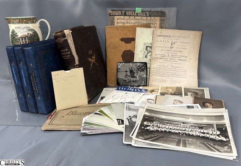 1893 Memoirs of Indianapolis Marion County, 1912 Bloomington Indiana Souvenir Book, Indiana 1926 Booklet, Indiana Court House Photos, Turkey Run Pitcher, Various Antique and Vintage Photos, Ephemera image