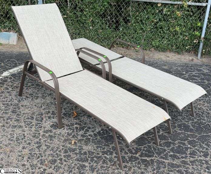 2 Adjustable Patio Outdoor Loungers - 24" W x 66" L x 40" as sits, some scuffing/wear from use image