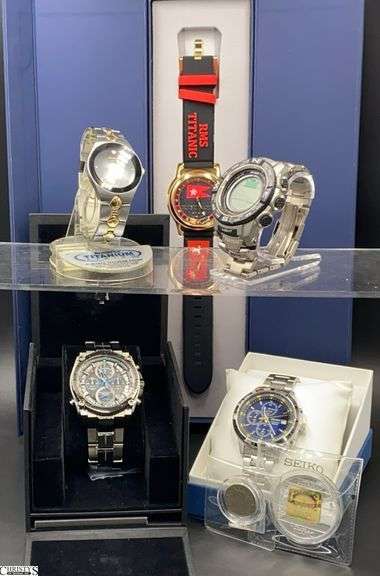 5 Watches Bulova, Seiko, Titanic with Coins