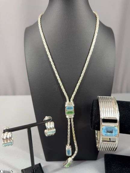 Monet Silver Tone Necklace, Bracelet and Earrings Set with Light Blue and Green Colored Stones. image