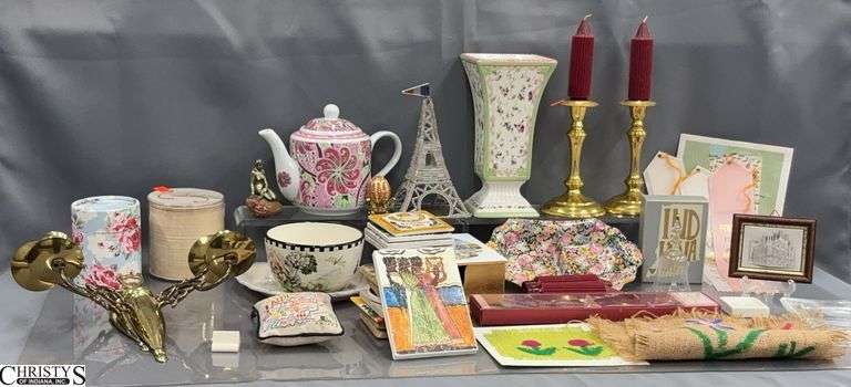 Vera Bradley Teapot, Royal Winton Dish, Brass Candlesticks, Wall Sconces, Coasters, Misc Decor - 9" of tallest image