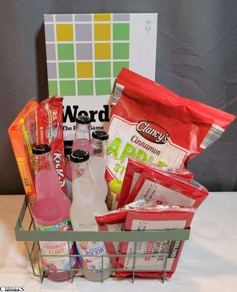 Game Basket: Wordle, Cinnamon Apple Sticks, 8ct Kit Kat and Reeses, 4 Popcorns, 4 Drinks image