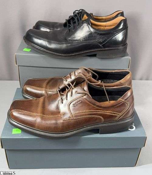 2 Pairs of Men's ECCO Dress Shoes in Original Boxes.  Black Pair Size 12-12.5 and Cocoa Brown Pair Size 12-12.5.  The soles of the shoes look to be not worn. image