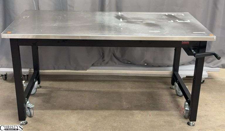 Production Basics Stainless Steel Top Adjustable Work Table on Casters - 60" x 35" x 31" as sits image