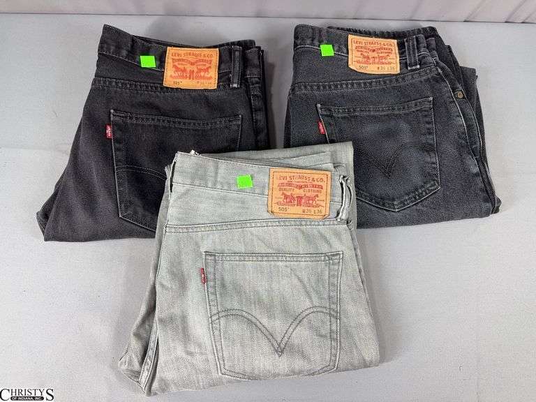 3 Pair of Levi's 505 Jeans Size 36 X 36.  There are 2 Black Pairs and 1 Grey Pair image