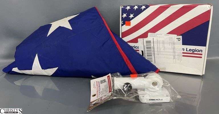 2 American Flag's and Flag Pole Bracket - 192" x 100" approx of largest image