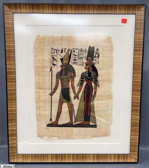 Egyptian Motif Framed Art Piece on Papyrus Style Paper - 21.5" x 26" of frame image