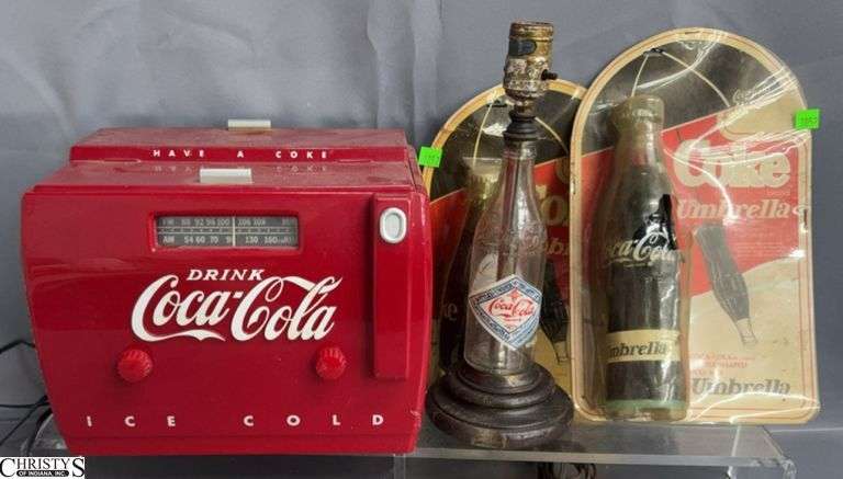 2 Coca Cola Umbrellas, Coca Cola Radio and Converted Bottle Lamp - 12" x 9" of largest