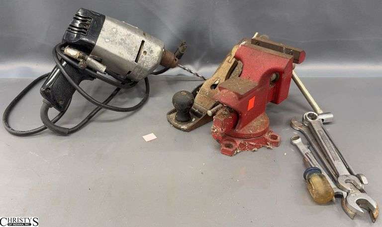 Bench Vise, Craftsman Wrenches, Craftsman Electric Drill, Hand Plane - 9" of vise image