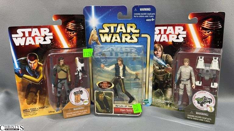 3 Star Wars Action Figures Han Solo Return of the Jedi 2002, Star Wars Rebels Kanan Jarrus and Luke Skywalker In Packages image