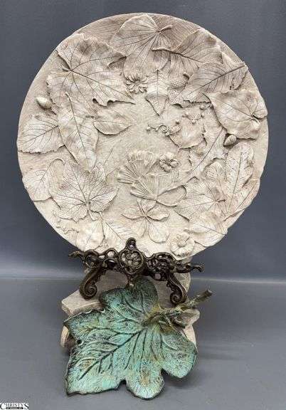 Leaf Motif Composite Charger, Display Base, Verdigris Style Metal Leaf - 13" D of charger image
