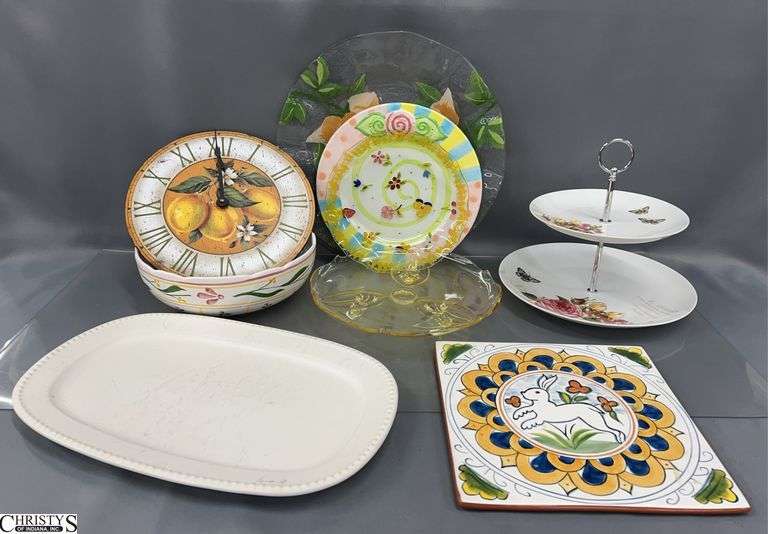 Assorted Ceramic and Glass Serveware - Chargers, Bowls, Tiered Stand - Misc - 16" of largest image