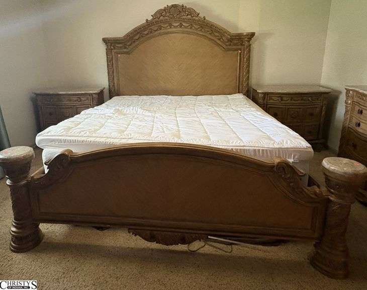 Nightstands NOT Included. Contemporary King Size Stone Accent Bed Frame w/ Mattress and Bedding - 84" x 75" of headboard - some edge wear image