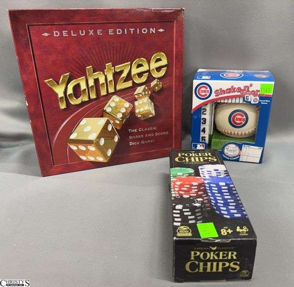 Yahtzee Deluxe Edition, Shake n' Score Cubs Travel Dice Game, Poker Chips Set image