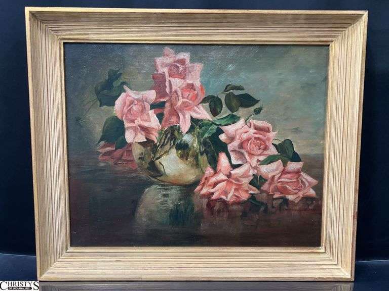 Rose Motif Still Life Oil on Board Painting - 24" x 20" of frame image