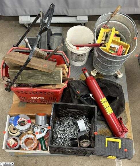 Skid of Hardware/Tools - 12  Ton Long Ram Jack, Chains, Small Hand Tools, Misc - SKID NOT INCLUDED image