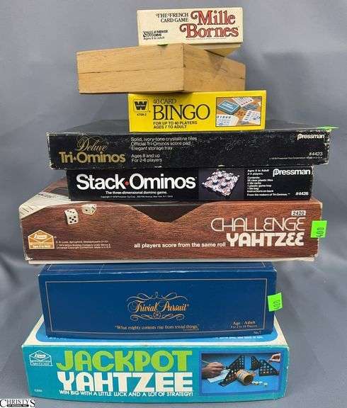 Group of Assorted Board Games - Tri-Ominos, Yahtzee, Bingo, Mille Bornes & More image