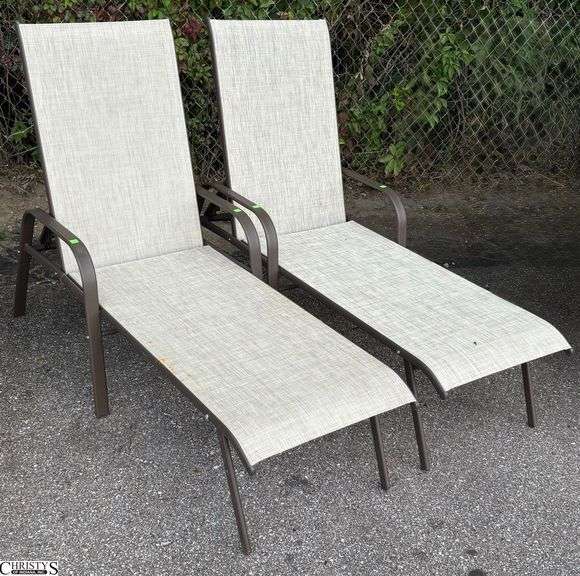 2 Adjustable Patio Outdoor Loungers - 24" W x 66" L x 40" as sits, some scuffing/wear from use image