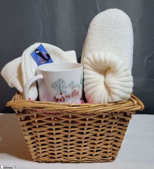 Cozy Basket: Knit Hat, Candle Mug, and Slippers Size 5-7.5 image