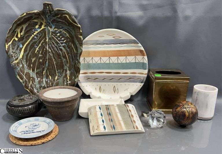 Southwestern Style Trinket Box and Plate, Mexican Pottery Lidded Dish, Large Ceramic Leaf, Candle, Misc Decor - 14" of largest image